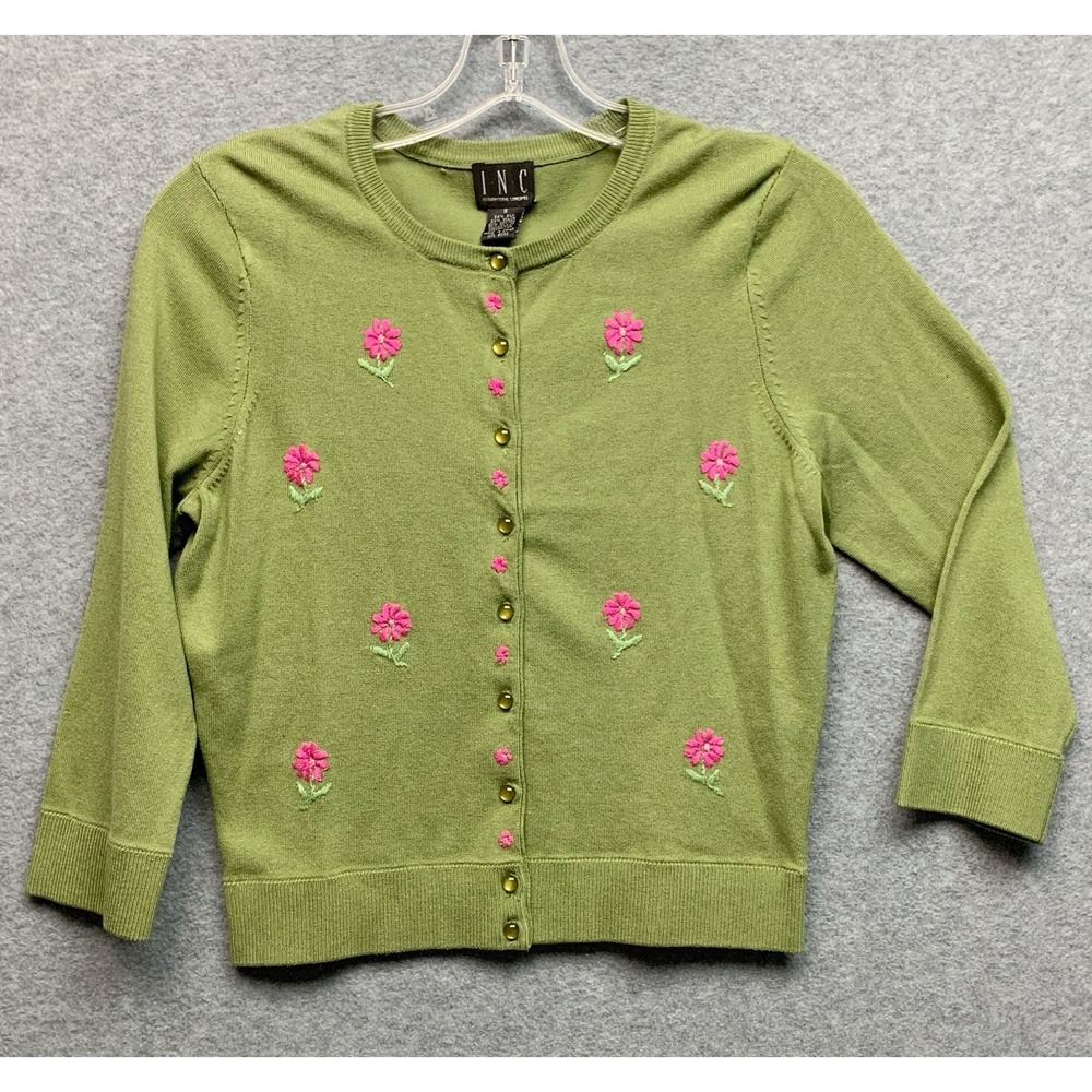 INC Silk Blend Cardigan Sweater S Green Embroidered Whimsigoth Fairy Twee Preppy